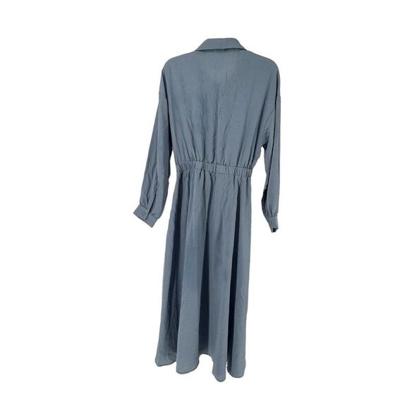 Blue Maxi Shirt Dress Long Sleeve Collared Button Up Knot Tie M Shein Prairie - Picture 2 of 9